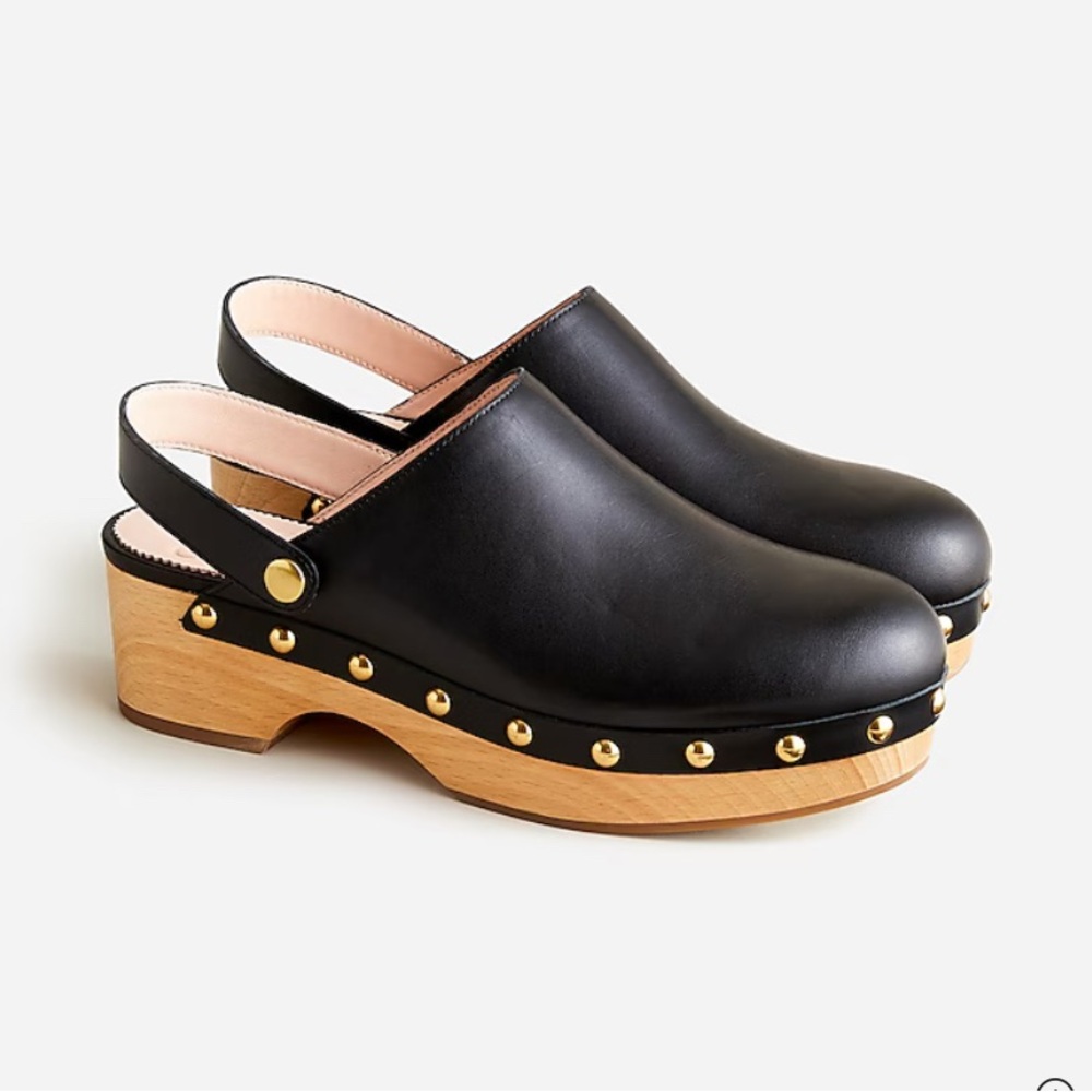 J.Crew Black Leather Grace Clogs with Gold Accents NWB